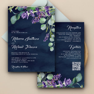 Rustic Lavender Eucalyptus QR Code Navy Wedding Invitation