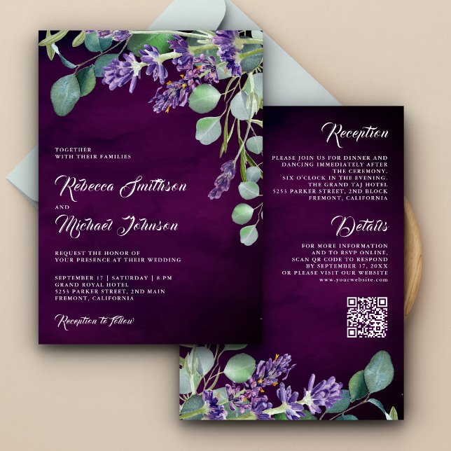 Rustic Lavender Eucalyptus QR Code Purple Wedding Invitation (Creator Uploaded)