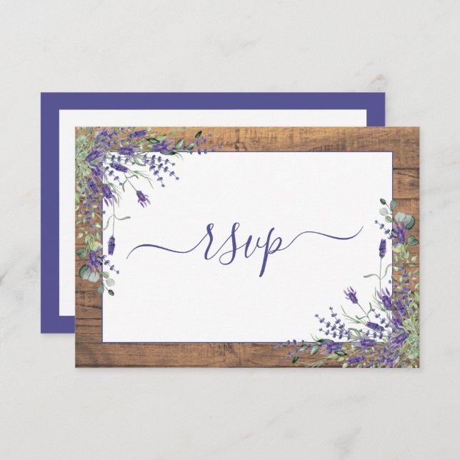 Rustic Lavender Eucalyptus Script Wood RSVP (Front/Back)