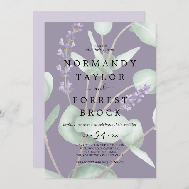 Rustic Lavender Faded Eucalyptus Wedding Invitation (Front/Back)