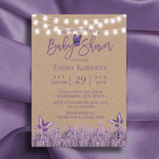 Rustic Lavender Floral Butterfly Kraft Baby Shower Invitation (Creator Uploaded)