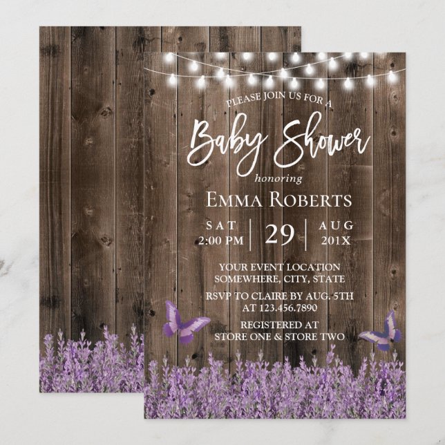 Rustic Lavender Floral Dark Wood Baby Shower Invitation (Front/Back)