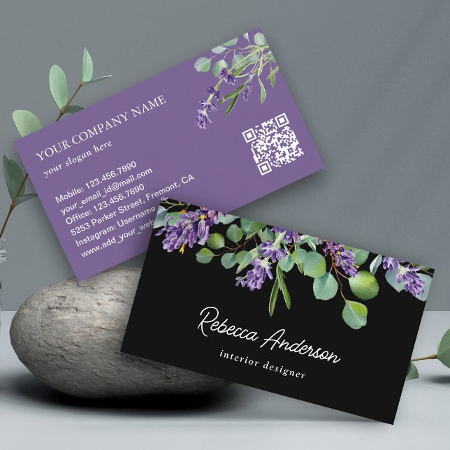 Rustic Lavender Floral Eucalyptus Black QR Code Business Card (Creator Uploaded)