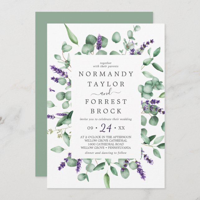 Rustic Lavender Floral Frame Monogram Back Wedding Invitation (Front/Back)