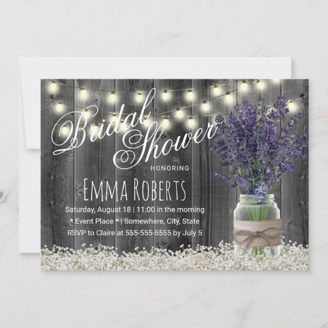Rustic Lavender Floral Jar Barn Wood Bridal Shower Invitation (Front)