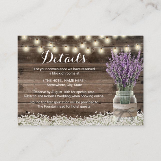 Rustic Lavender Floral Jar Hotel Accommodations Enclosure Card (Front)