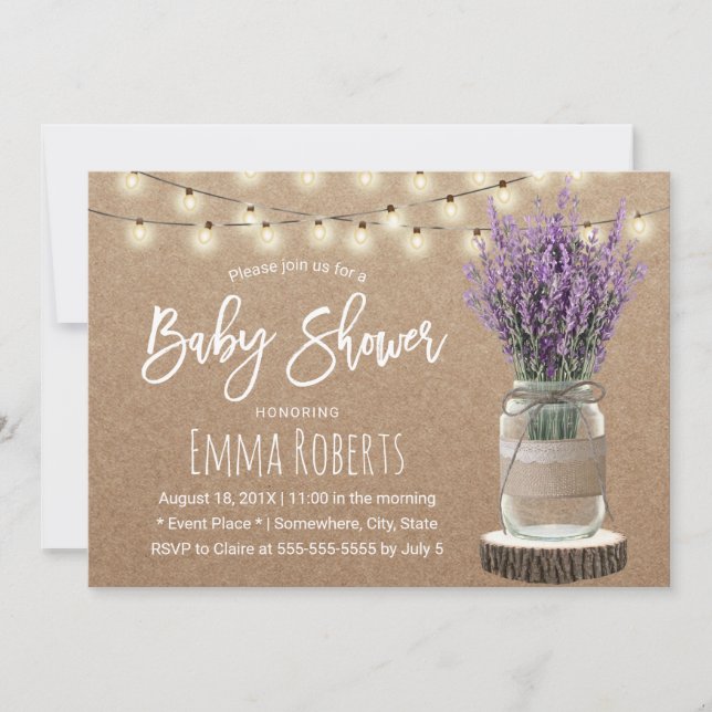Rustic Lavender Floral Jar Kraft Baby Shower Invitation (Front)