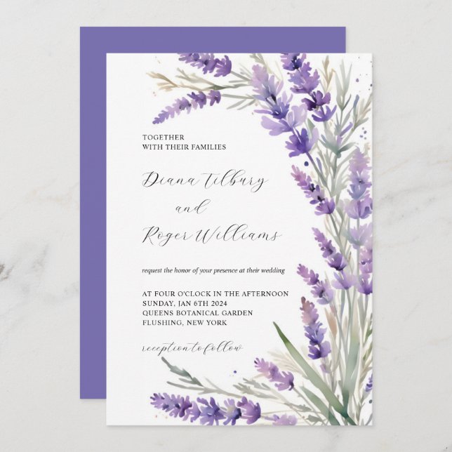 Rustic Lavender Floral Wedding Invitation (Front/Back)