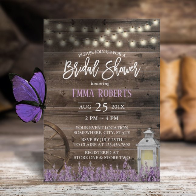 Rustic Lavender Floral White Lantern Bridal Shower Invitation (Creator Uploaded)