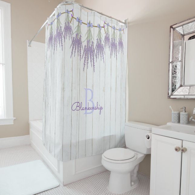 Rustic Lavender Flower Bundles Monogram Template Shower Curtain (In Situ)