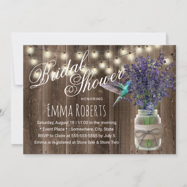 Rustic Lavender Flower & Hummingbird Bridal Shower Invitation (Front)