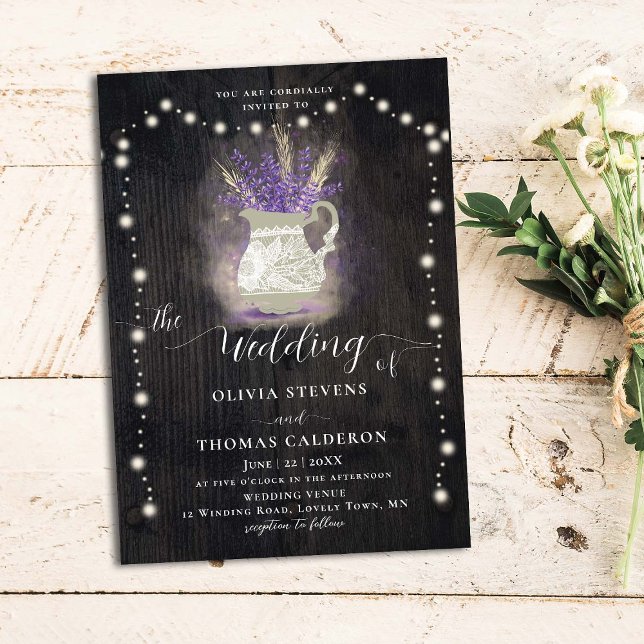 Rustic Lavender Flower Pot Wood Lace Light Wedding Invitation (Creator Uploaded)