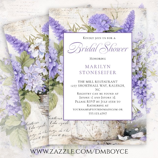 Rustic Lavender Flowers Tin Bucket Bridal Shower | Invitation (Creator Uploaded)