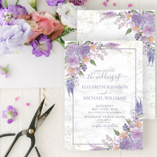 Rustic Lavender Lilac Marble Gold Floral Wedding Invitation