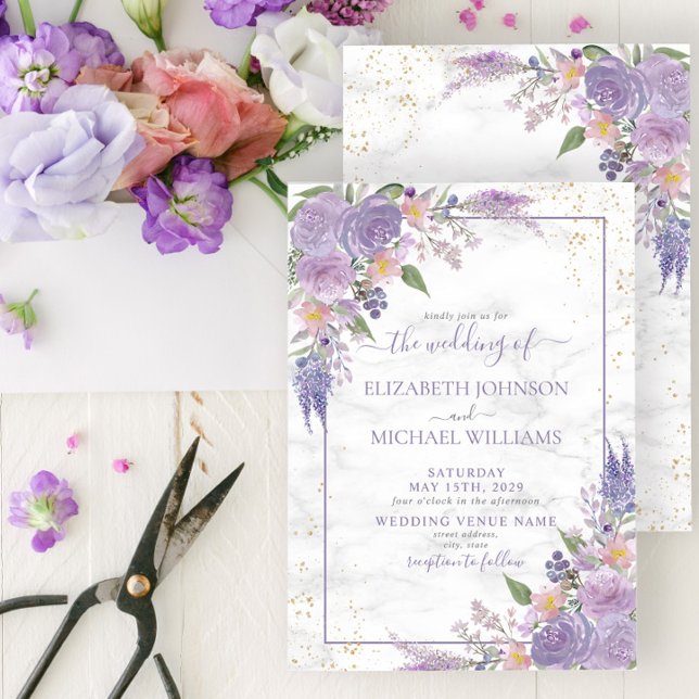 Rustic Lavender Lilac Marble Gold Floral Wedding Invitation (Creator Uploaded)