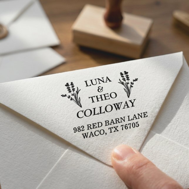 Rustic Lavender Married Couple Return Address Rubber Stamp (rustic lavender floral stamp)
