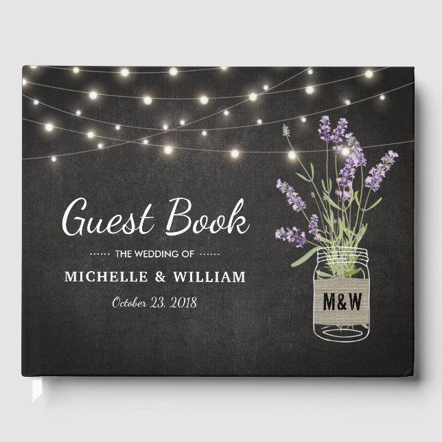 Rustic Lavender Mason Jar Lights Wedding Guest Book (Front)