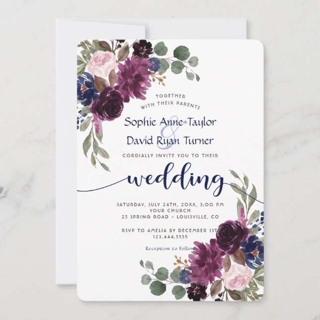 Rustic Lavender Navy Blue Floral Bloom Wedding Invitation (Front)