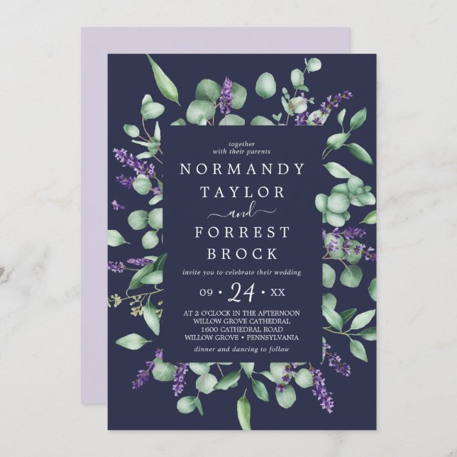 Rustic Lavender | Navy Blue Floral Frame Wedding Invitation (Front/Back)