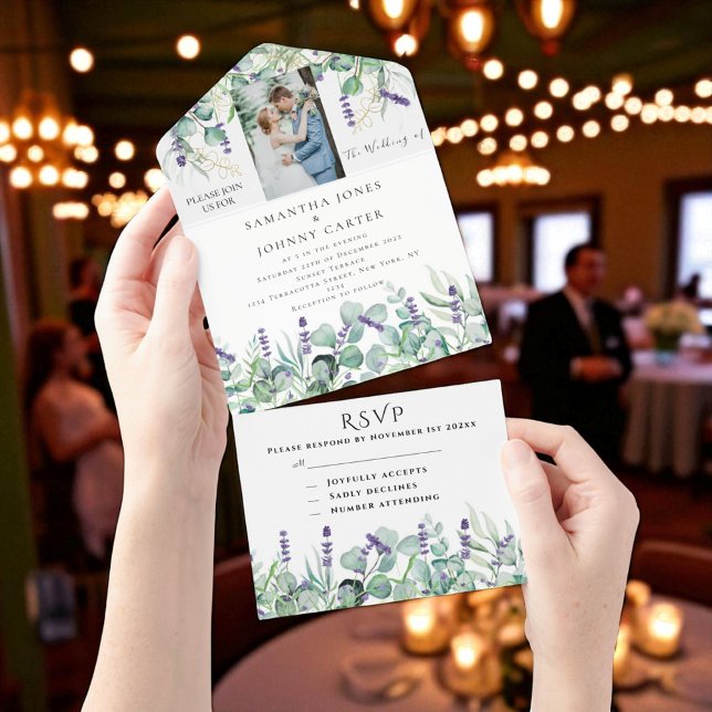 Rustic Lavender Photo Eucalyptus RSVP Wedding All In One Invitation (Creator Uploaded)
