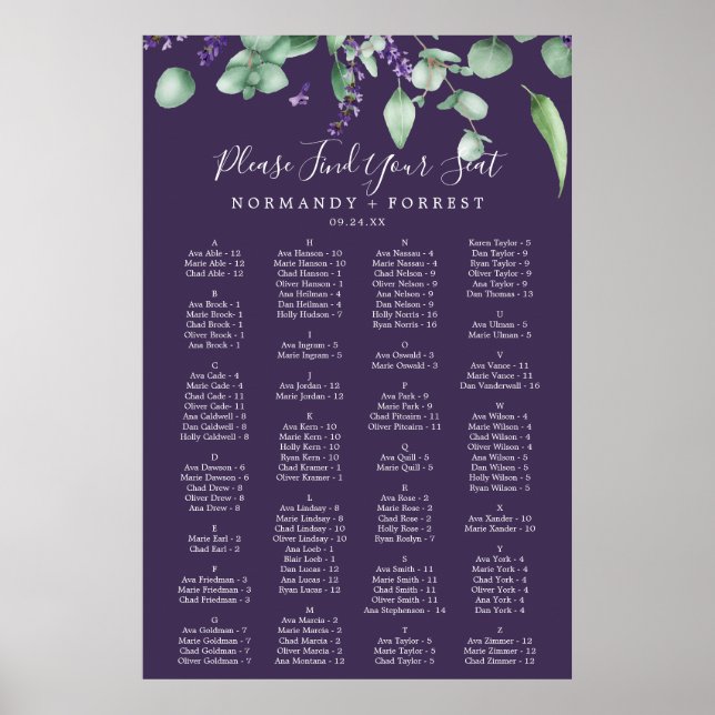 Rustic Lavender Purple Alphabetical Seating Chart (Front)