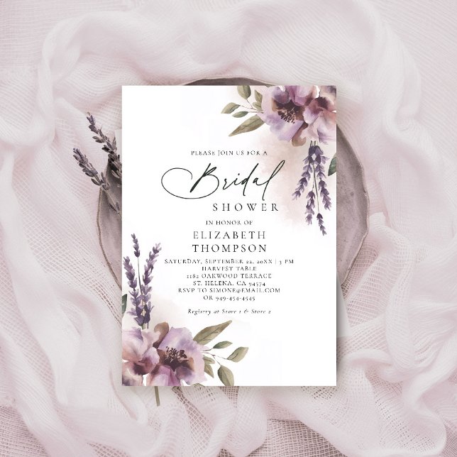 Rustic Lavender Purple Floral Chic Bridal Shower Invitation (rustic lavender bridal shower invitation watercolor elegant floral mauve purple barn ranch garden)