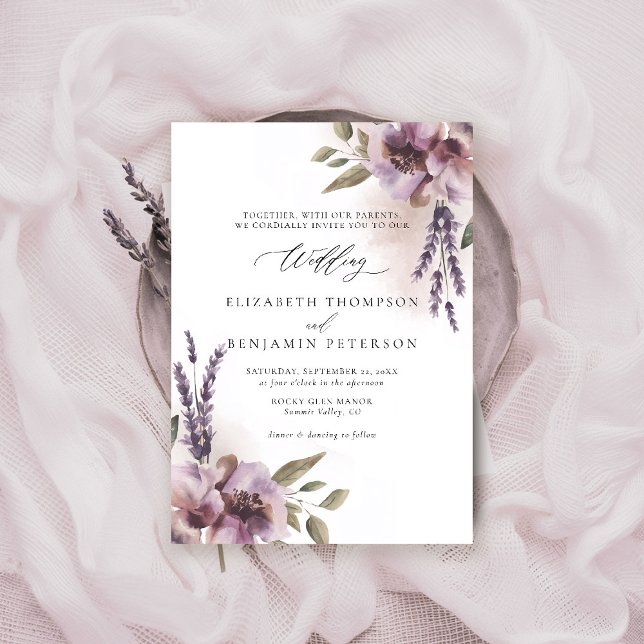Rustic Lavender Purple Floral Chic Elegant Wedding Invitation (rustic lavender wedding invitation watercolor elegant floral mauve purple barn ranch garden)