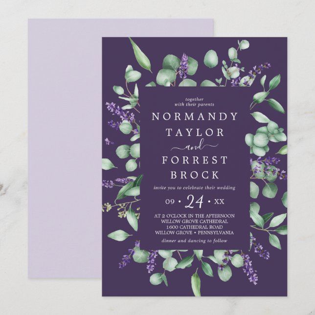 Rustic Lavender | Purple Floral Frame Wedding Invitation (Front/Back)
