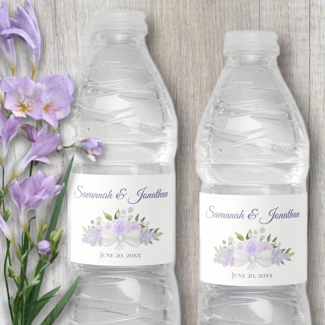 Rustic Lavender Purple Roses & Blossoms Wedding Water Bottle Label (Creator Uploaded)