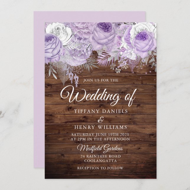Rustic Lavender Purple Sparkle Floral Wedding Invitation (Front/Back)