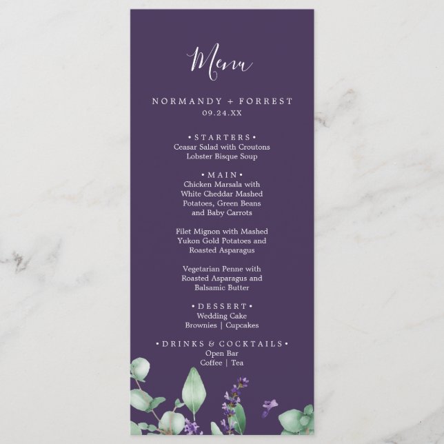 Rustic Lavender | Purple Wedding Dinner Menu (Front)