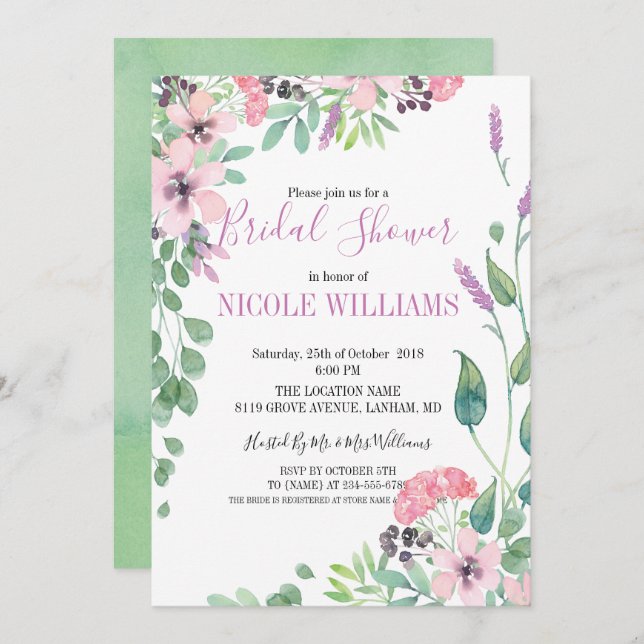 RUSTIC Lavender watercolor flowers  Bridal Shower Invitation (Front/Back)