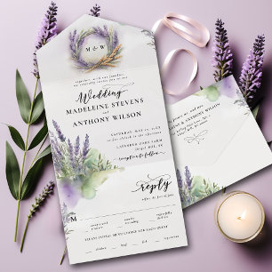 Rustic Lavender Watercolor Modern Romantic Wedding All In One Invitation
