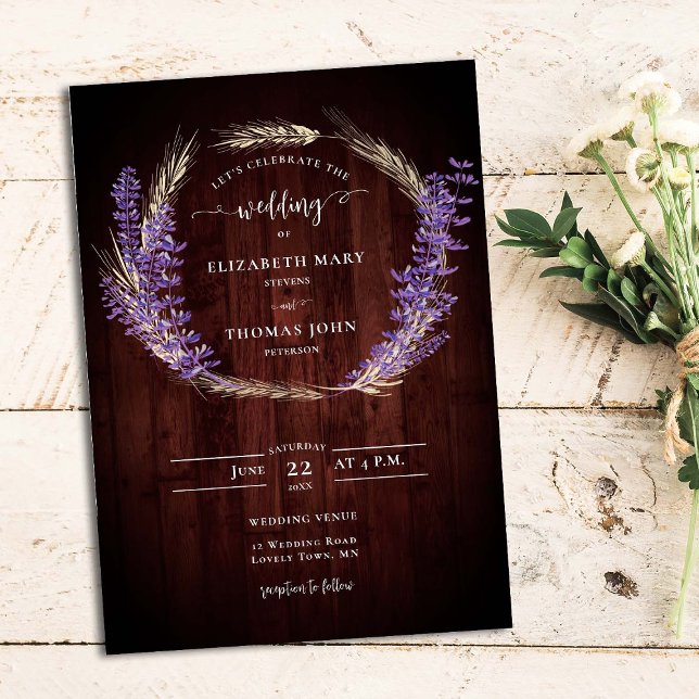 Rustic Lavender Wheat Wreath Wood Board Wedding Invitation (Creator Uploaded)