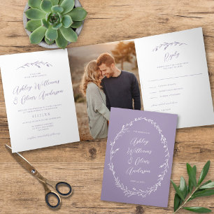 Rustic Lavender Wildflower Boho Photo Wedding Tri-Fold Invitation