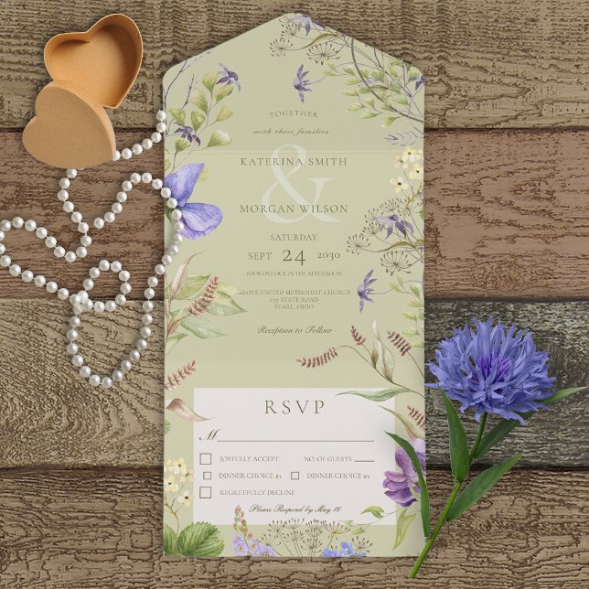 Rustic Lavender Wildflowers Sage Green Dinner All In One Invitation (Creator Uploaded)
