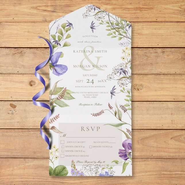 Rustic Lavender Wildflowers White Three Dinner All In One Invitation (Rustic Lavender Wildflowers White Three Dinner All In One Invitation)