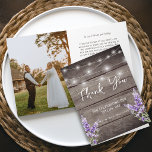 Rustic Lavender Wood Texture Light Wedding Photo Thank You Card<br><div class="desc">Rustic with dark wood texture,  lavender flowers,  string lights and with script and fun modern typography. Inside is your favorite wedding photo and custom message thank you card.</div>