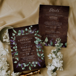 Rustic Lavender Wooden Floral All In One Wedding Invitation
