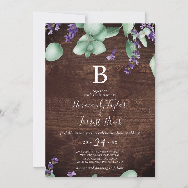 Rustic Lavender | Wooden Monogram Wedding Invitation (Front)