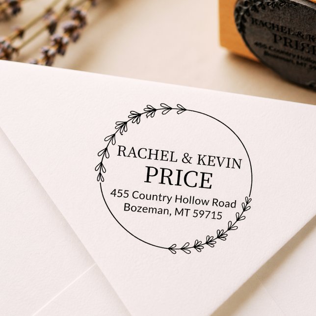 Rustic Lavender Wreath Round Couple Return Address Rubber Stamp (lavender wreath stamp)