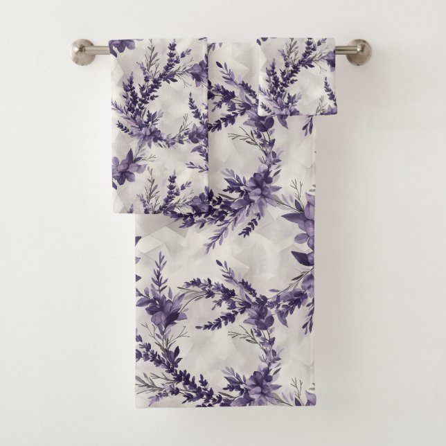 Rustic lavender wreath watercolor style pattern bath towel set (Insitu)