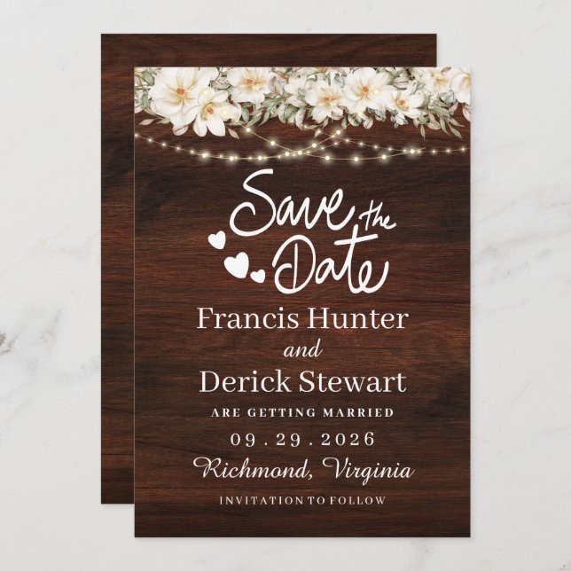 Rustic Leaf String lights Wood Save The Date Invitation (Front/Back)