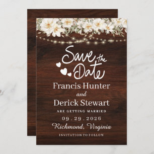 Rustic Leaf String lights Wood Save The Date Invitation