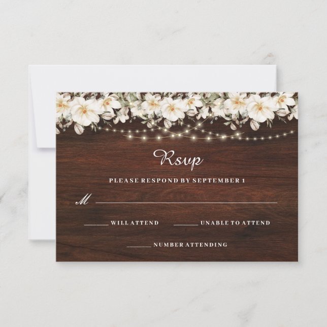 Rustic Leaf String lights Wood Wedding RSVP Card (Front)
