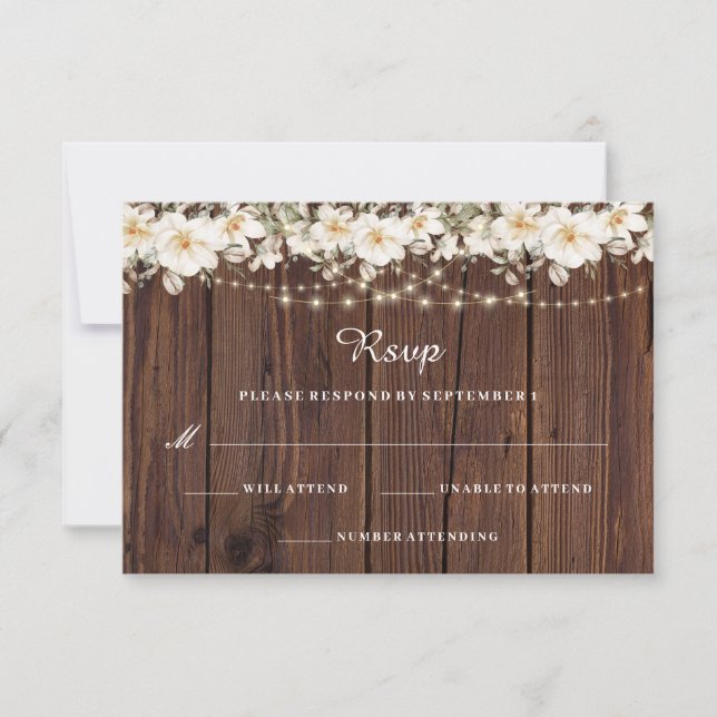 Rustic Leaf String lights Wood Wedding RSVP Card (Front)