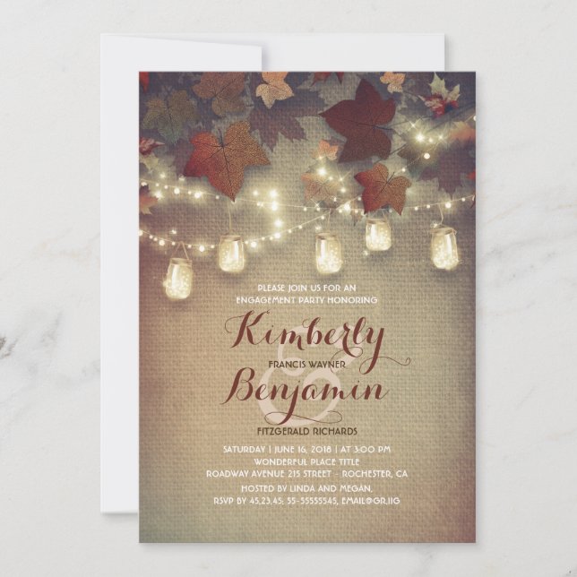 Rustic Leaves and Mason Jars Fall Engagement Party Invitation (Front)