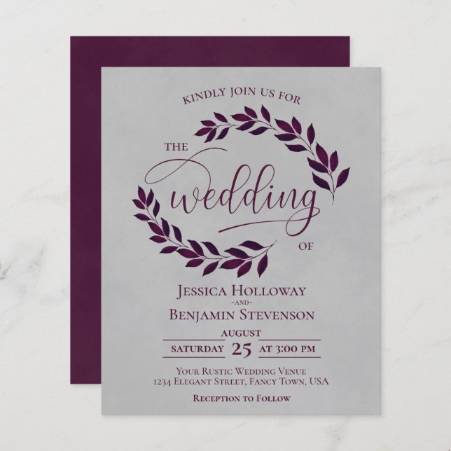 Rustic Leaves Cassis on Grey BUDGET Wedding Invite (Front/Back)
