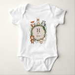 Rustic Leaves Cute Woodland Animal Custom Monogram Baby Bodysuit<br><div class="desc">This unique design features a group of adorable woodland animals and rustic watercolor greenery. Personalise the t-shirt with your child's initial and name by clicking the "personalise" button.</div>