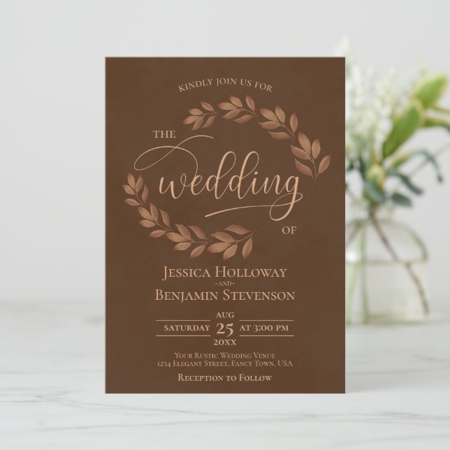 Rustic Leaves Elegant Chestnut Brown Wedding Invitation (Standing Front)
